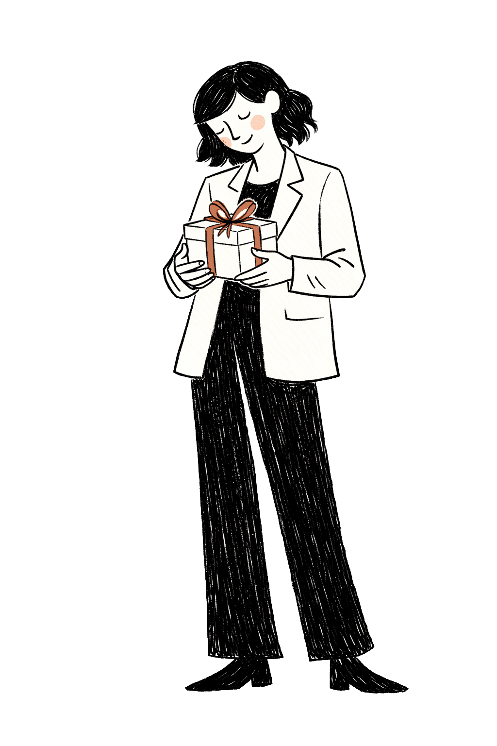 Illustration of a woman holding a wrapped gift with a content, peaceful expression