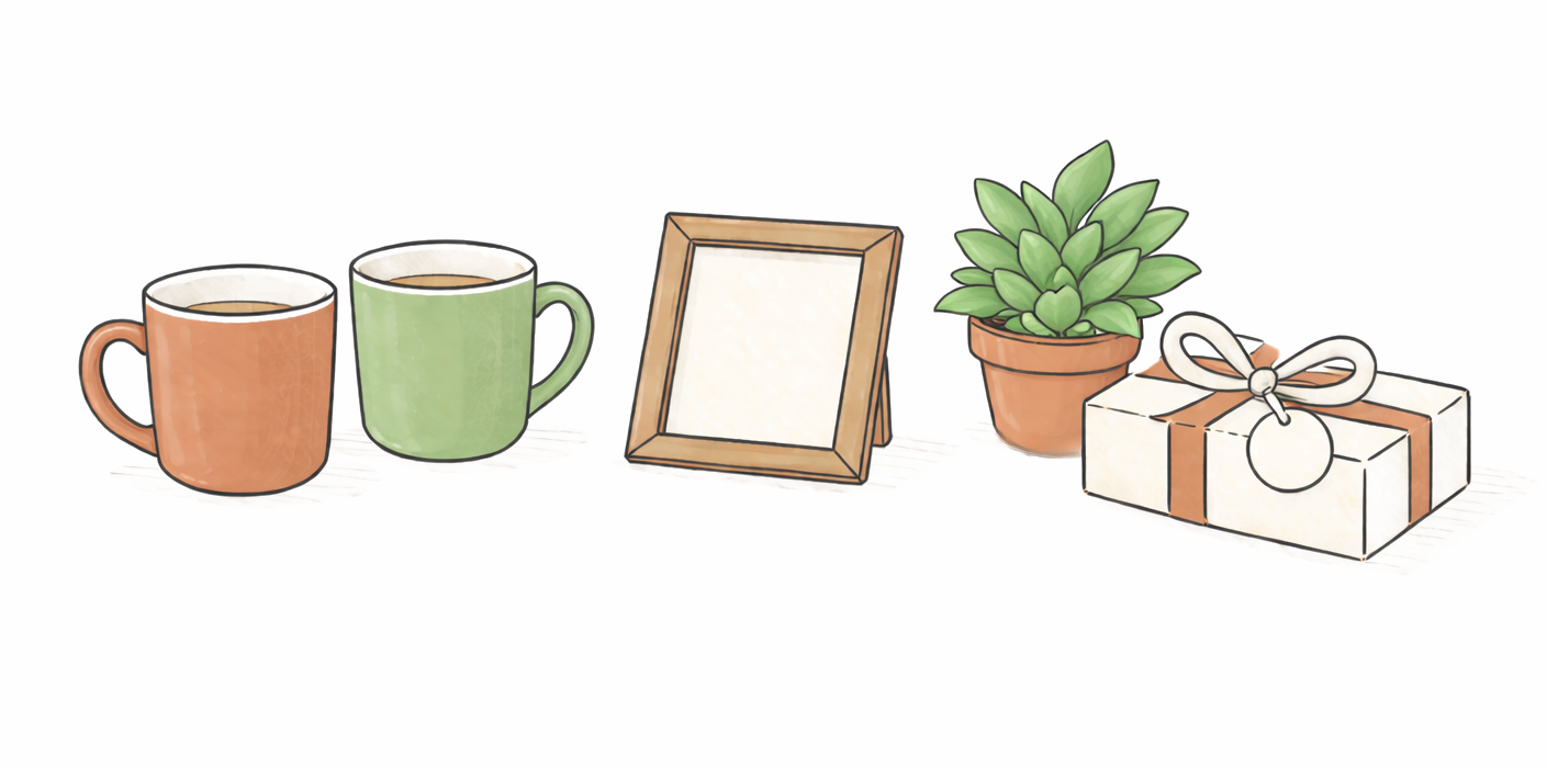 Cozy arrangement of two coffee mugs, photo frame, and gift box representing gifts for parents